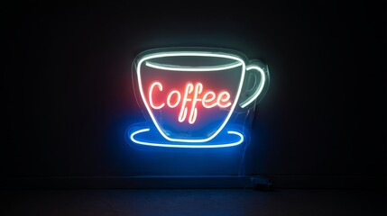 Neon coffee cup sign glowing vibrantly against dark background