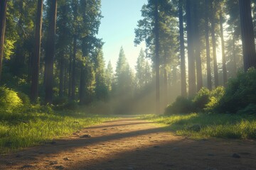 Fototapeta premium Serene forest pathway illuminated by morning light among tall trees and lush greenery