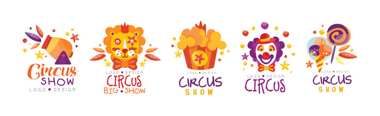 Circus Show Bright Logo and Label Design Vector Set