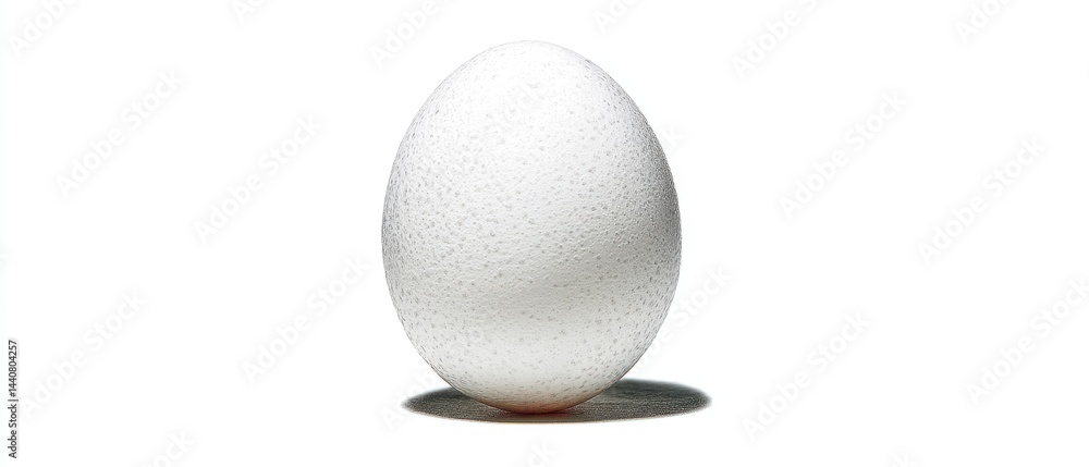 Poster simple studio shot of a single white egg standing upright casting a shadow on a white background wit