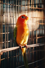 A vibrant orange and green bird perched inside a cage, basking in soft sunlight.