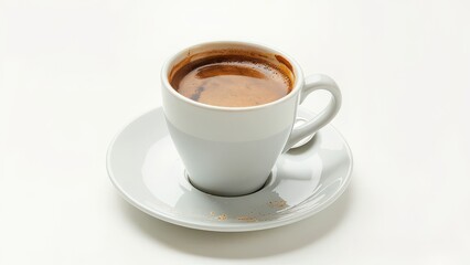 Fototapeta premium Aromatic Americano in a white mug on a light table. Morning coffee, breakfast