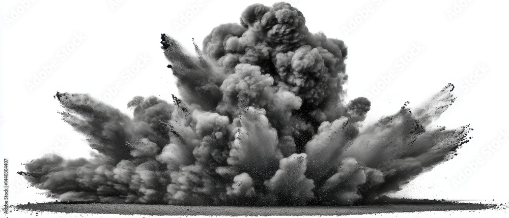 Poster dramatic explosion of black powder against a stark white background creating a dynamic and impactful