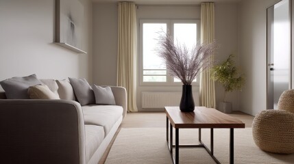 Fototapeta premium Modern minimalist living room with neutral tones and natural light