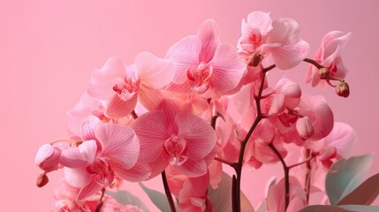 Fototapeta premium Elegant pink orchids in full bloom against a soft pink background