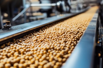 Soybeans being processed in agriculture facility. Conveyor transports grains for food production. Modern tech for harvest, export, trade