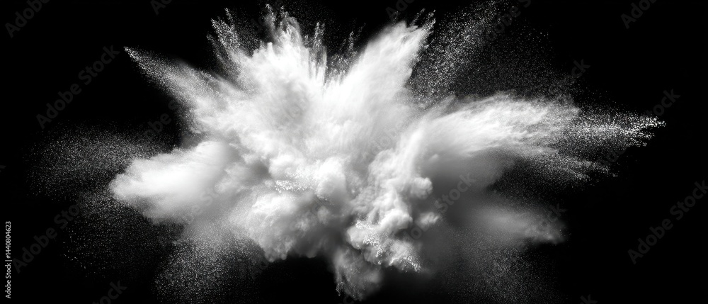 Poster ethereal explosion of white powder against dark backdrop creating abstract cloud of dust in studio s
