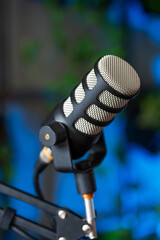Interview setup with a professional microphone for podcasting during a live broadcast