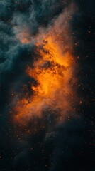 Vibrant cosmic clouds illuminated with orange hues against a dark starry background, creating an ethereal atmosphere.