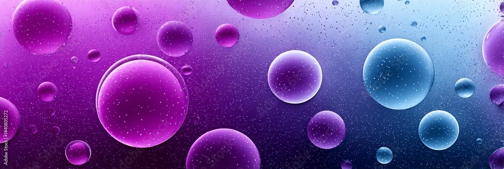 Poster abstract purple and blue bubbles - close-up abstract of colorful bubbles floating in a liquid, creat