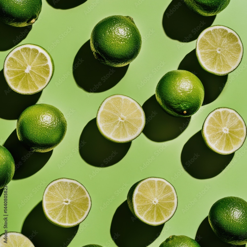 Aufkleber vivid green lime halves and whole fruits arranged in a bright pattern on a light green background cr