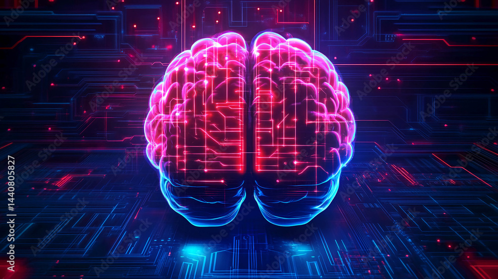 Poster the human brain is in the form of a neon structure glowing in pink and blue colors. the brain is loc