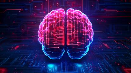 The human brain is in the form of a neon structure glowing in pink and blue colors. The brain is located against the background of an abstract electronic circuit illuminated by neon lines 