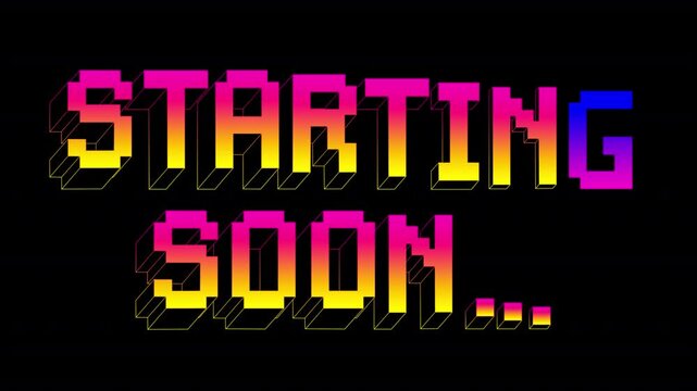Starting soon word text pixel banner. Neon gradient  iridescent voxel block title letters on a transparent alpha channel.
