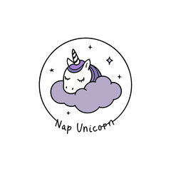Sticker design of  Sleepy unicorn head resting on a cloud