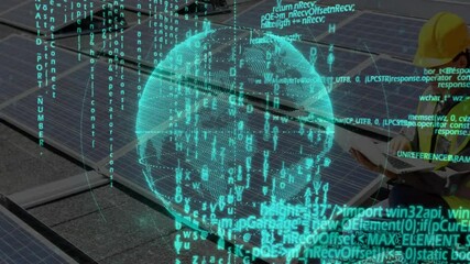 male technician operating laptop beside panels while data globe overlay highlighting solar energy - Powered by Adobe