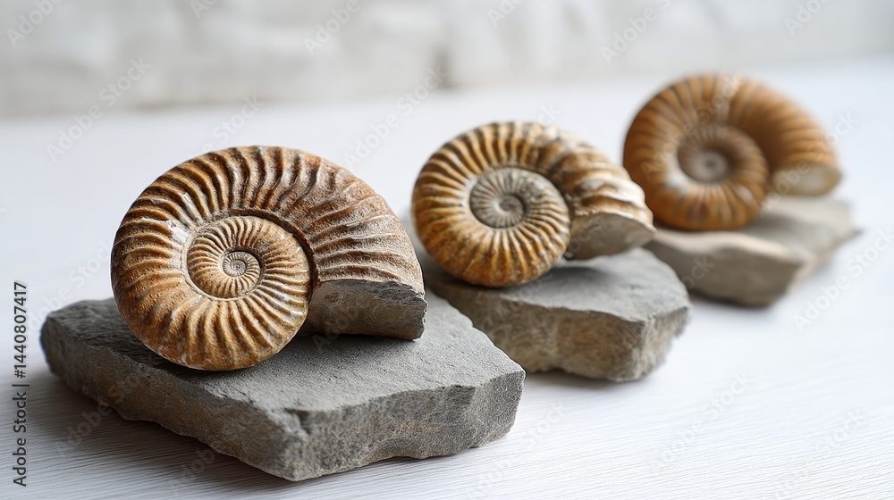 Poster ancient ammonite fossils on stone - three spiral ammonite fossils displayed on grey stone. symbolizi