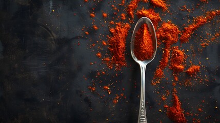 Overhead view of a silver spoon filled with vibrant red chili powder on dark surface.