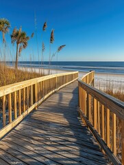 Obraz premium Serene beach boardwalk leading to ocean under clear blue sky offering tranquil coastal scenery and natural beauty with inviting perspective and peaceful atmosphere