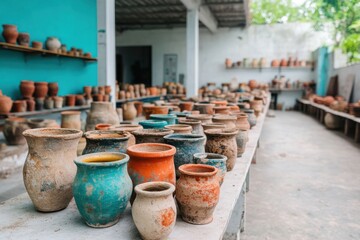 Fototapeta premium Colorful handmade pottery displayed in workshop inviting visitors to explore craftsmanship and creativity