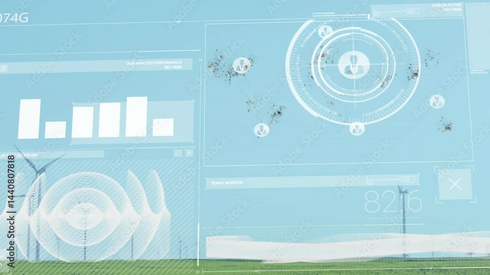 Poster futuristic hud overlay showing circular interface with user icons over grassy wind turbines