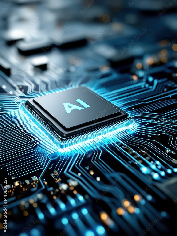 Poster close-up view of ai chip on motherboard illuminated by blue light showcasing advanced technology and