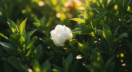 Blooming White Flower in Lush Green Garden with Sunlight