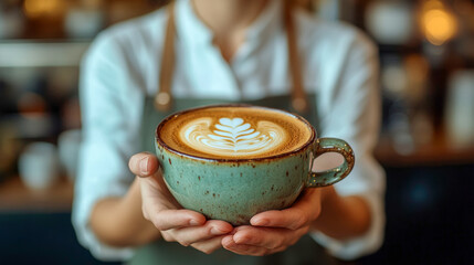 Barista presenting latte art coffee in cozy café setting  