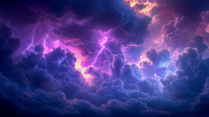 Dramatic storm clouds illuminated with lightning in a vibrant sky  