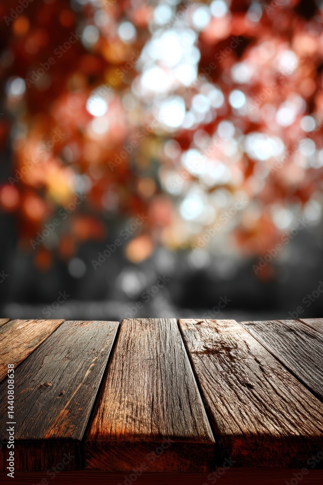 Poster rustic wooden table with blurred autumn foliage backdrop creating a warm inviting atmosphere perfect