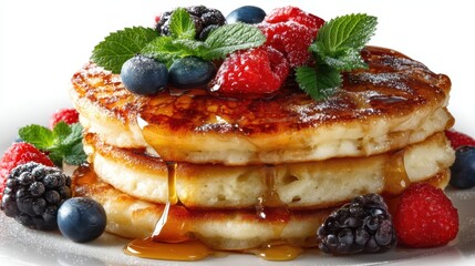 a delicious stack of fluffy pancakes with syrup and fresh berries on top on a white isolated background, sweet and comforting design
