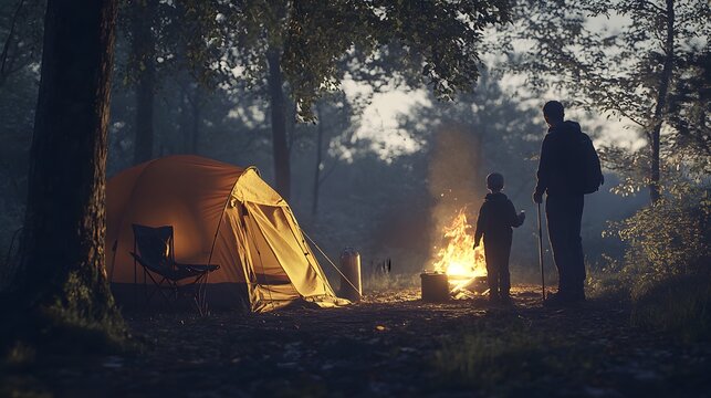 Camping Adventure: A serene scene of father and son camping, enjoying a warm campfire at twilight, creating a perfect blend of family bonding and nature.