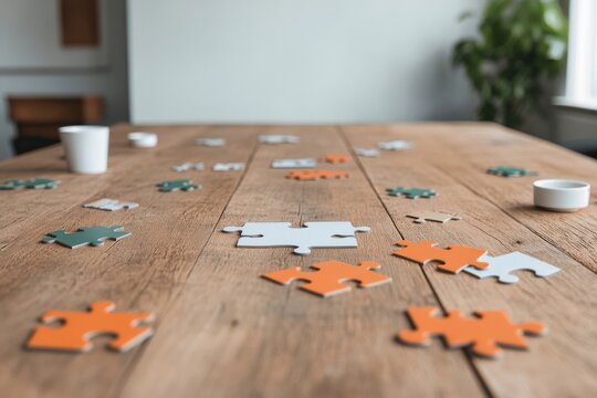 Puzzle pieces scattered on a wooden table with coffee cups in a bright indoor setting - Powered by Adobe