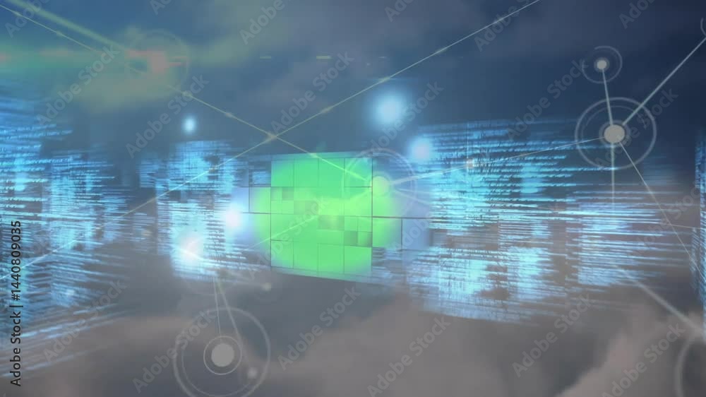 Poster green 3d cube grid hovering above cloud textures, flowing blue data streams with glowing nodes