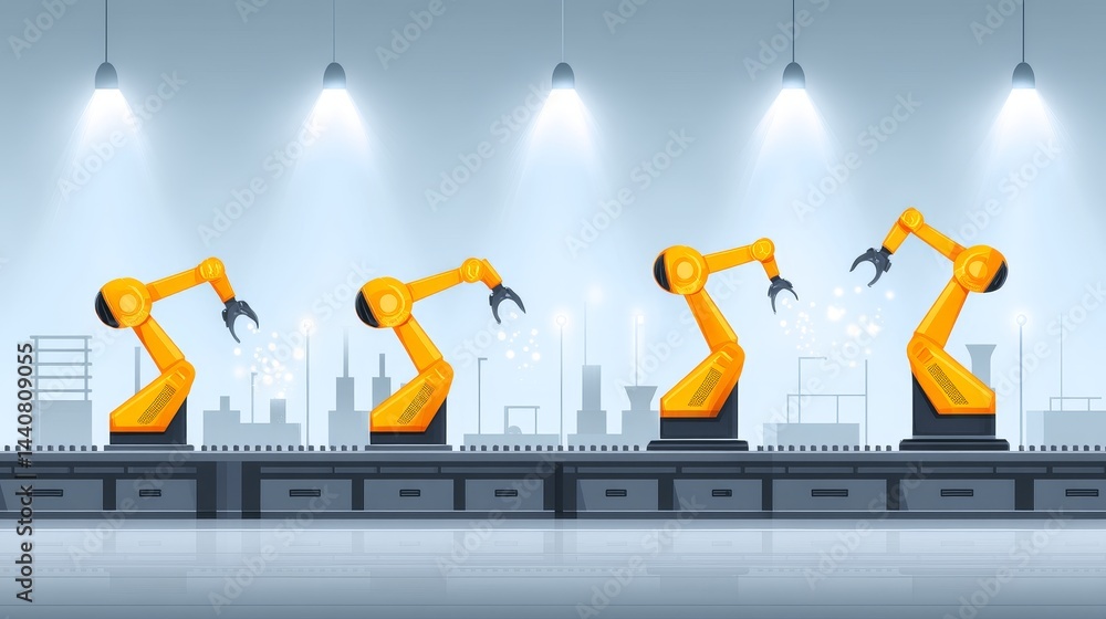Poster automated factory robots at work - four robotic arms efficiently perform tasks on an assembly line, 