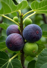 Fototapeta premium Close-up of Fig Tree Branch with Ripe and Unripe Figs, Green Leaves, Fruit, Nature, Harvest, Culinary.