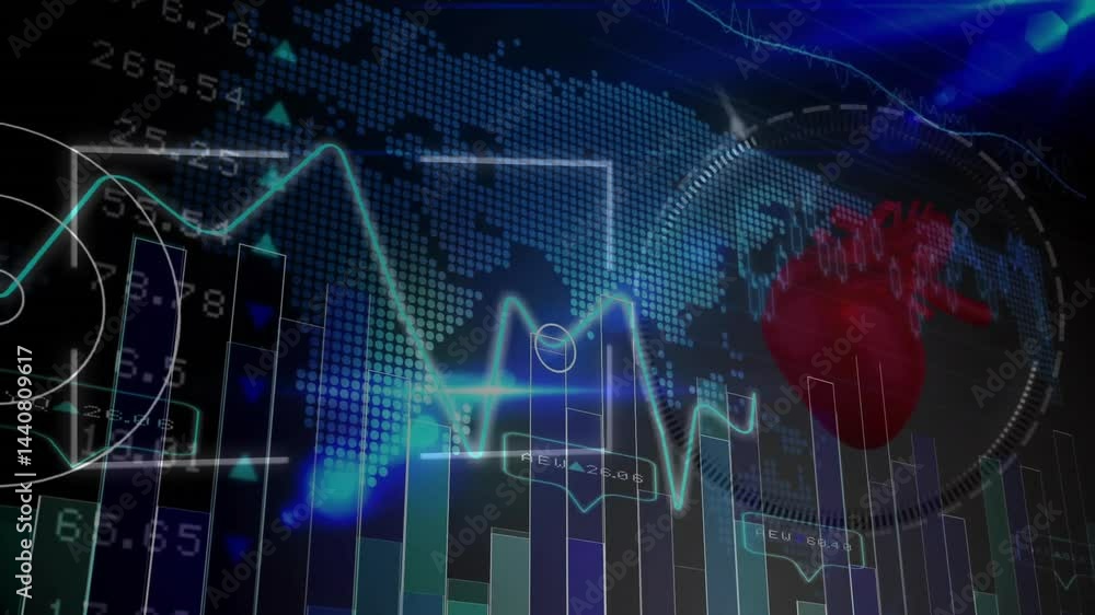 Poster glowing turquoise line graph tracing peaks and dips over dotted world map overlaying numeric labels