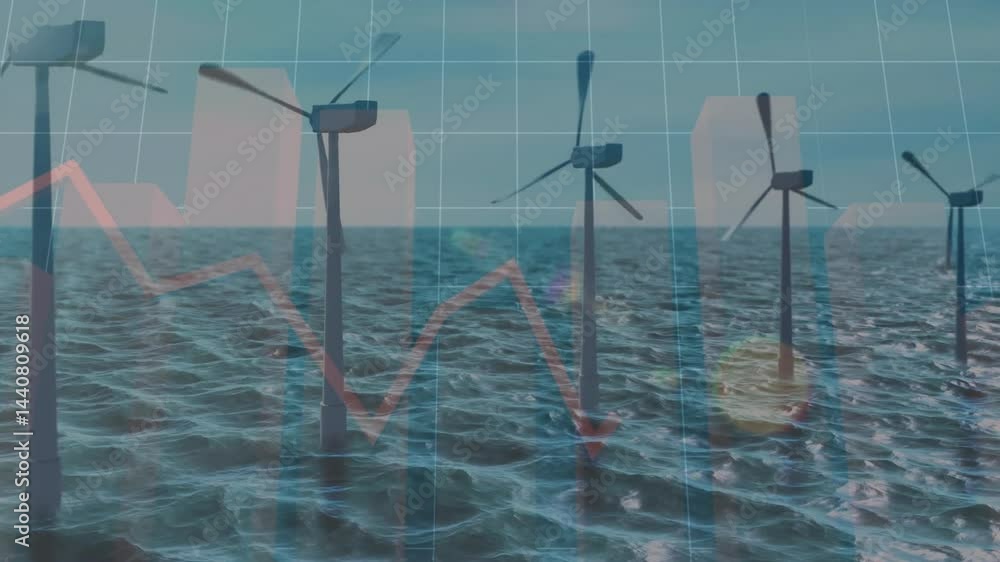 Poster displaying offshore wind turbines rising from sea with grid overlay, 3d bars and red line graph