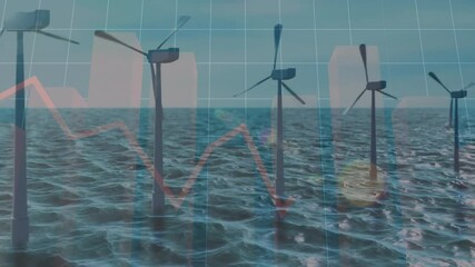 Displaying offshore wind turbines rising from sea with grid overlay, 3D bars and red line graph - Powered by Adobe