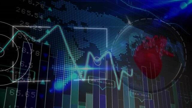Glowing turquoise line graph tracing peaks and dips over dotted world map overlaying numeric labels