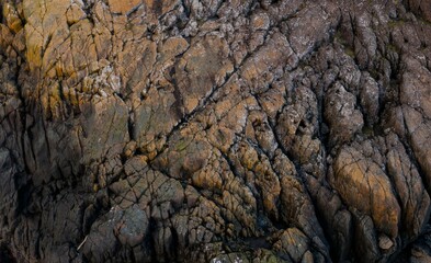 Close-up view of textured rock face with varied tones of brown and gray