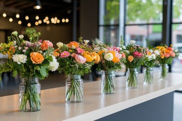 Colorful flower arrangements brighten a modern venue for an elegant gathering in the afternoon light