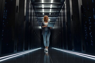 Female IT Engineer Working in Modern Data Center, Managing Servers and Cloud Infrastructure
