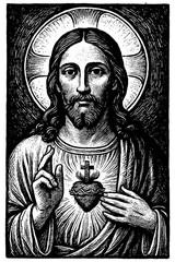 Fototapeta premium Lino Print of Jesus Christ on Transparent Background