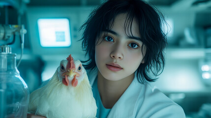 Young woman holding a chicken in a scientific environment  