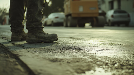 Construction Worker's Feet on Wet Pavement