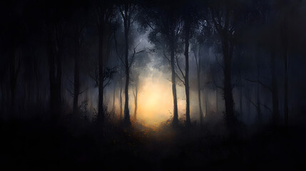 Fototapeta premium A dark and brooding painting of a forest at night, using deep, muted colors to convey mystery and solitude.