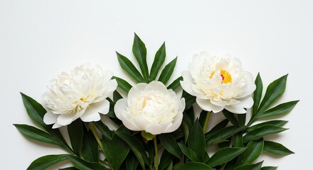 Elegant White Flowers with Lush Green Leaves on White Background