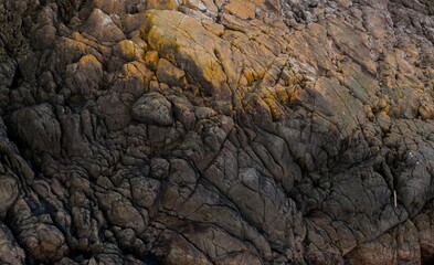 Rough, textured rock face with varying shades of brown and yellow