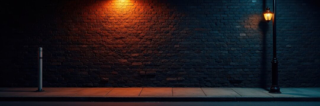 Fototapeta Dark brick wall, illuminated sidewalk, urban night scene, minimalism, alley